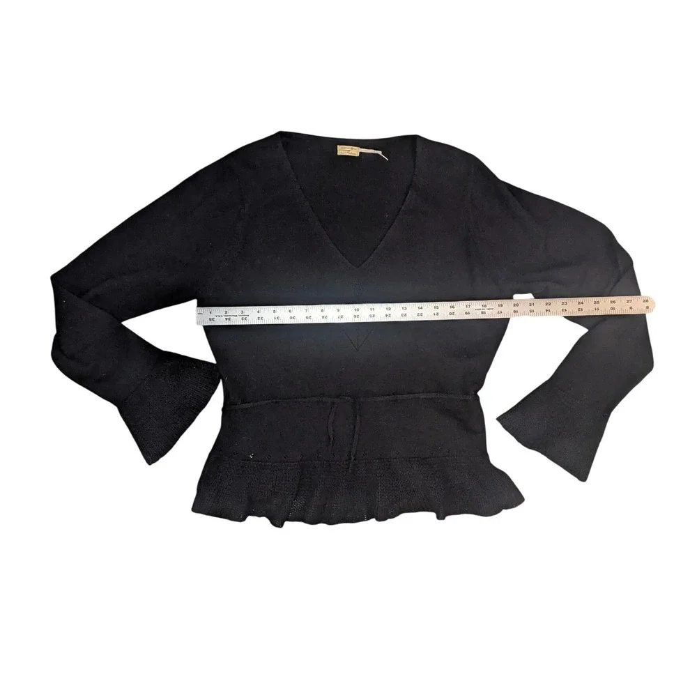MaxStudio‎ Cahsmere Sweater Women M Black V-Neck Tie Waist Peplum Bell Sleeve XL